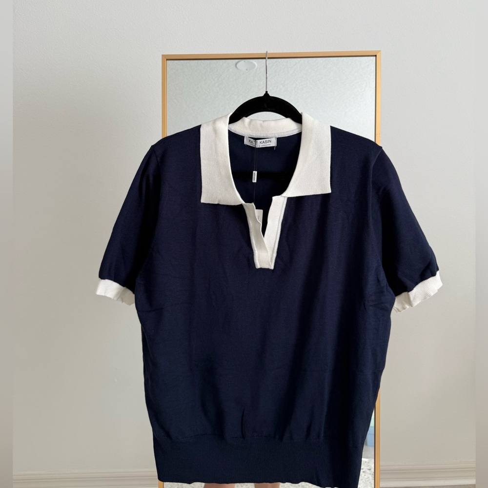 Navy and White Collared Short Sleeve Top